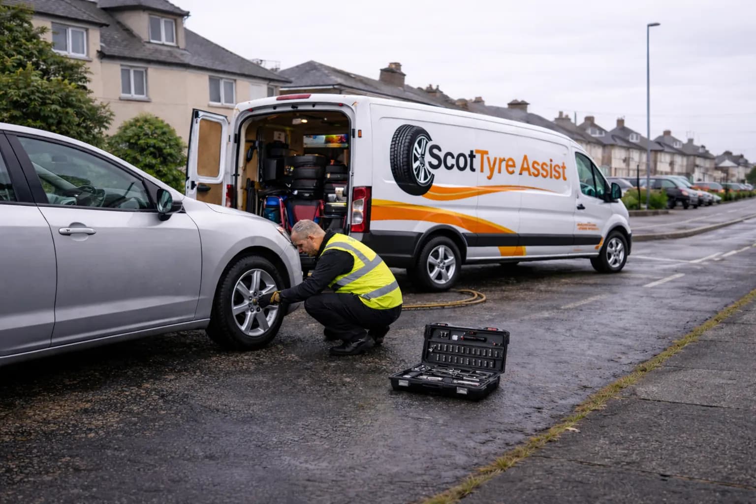 Mobile tyre fitting in Glasgow — Scot Tyre Assist technician fitting a tyre at a customer location